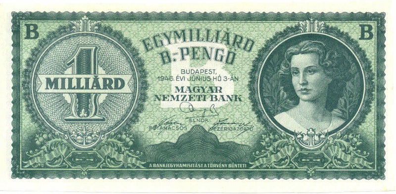 Банкнота с самым крупным номиналом в истории денег (10^21 венгерских пенго)