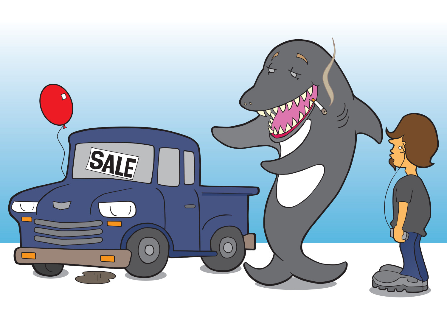Мультяшная акула продает покупателю автомобиль