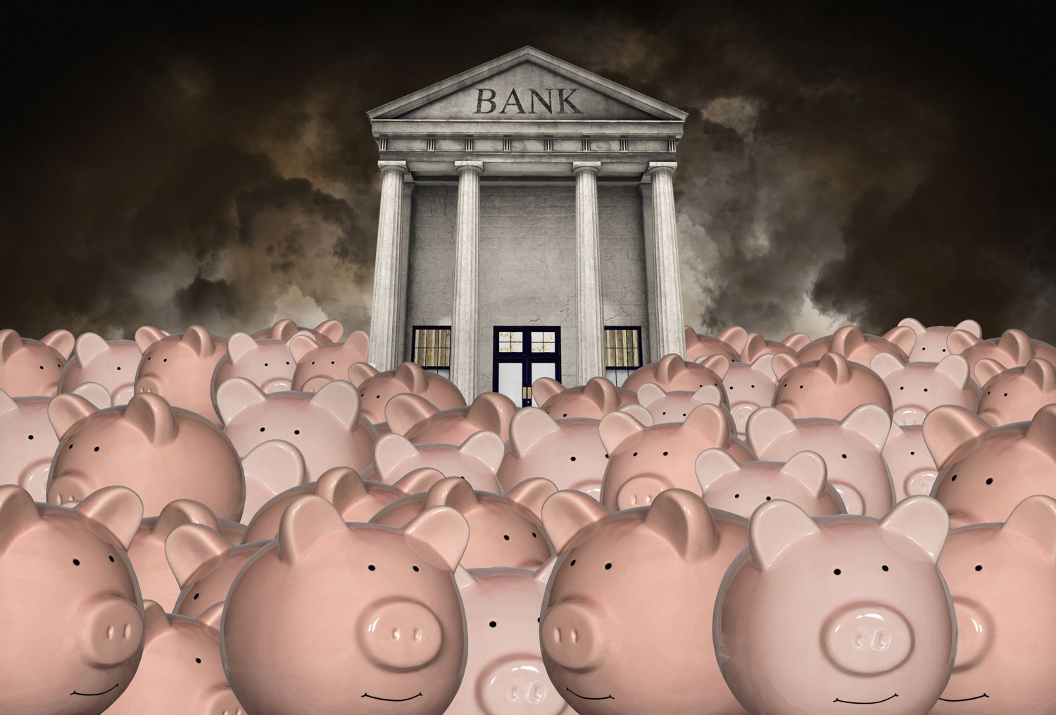 Множество мультяшных свинок-копилок пришли в банк