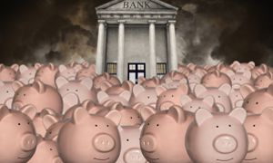 Множество свиней-копилок толпится у входа в банк